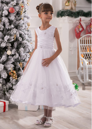 White Beaded Lace Tulle Tea Length Angelic Flower Girl Dress